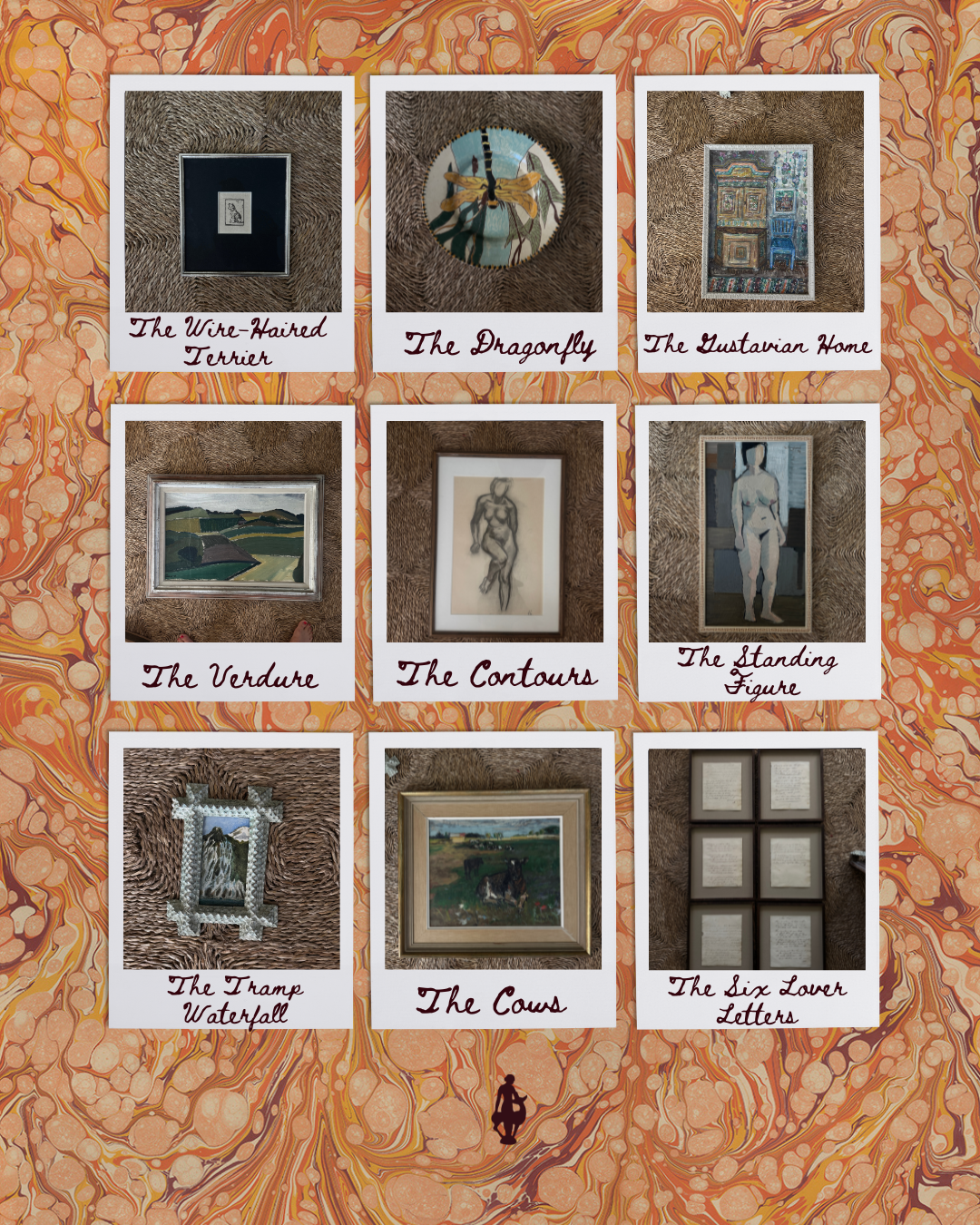 Collection of framed artworks with titles on a textured orange background